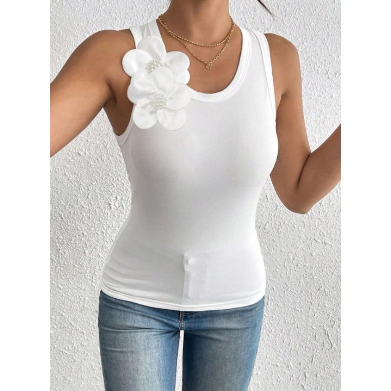 Damen Europäischer Stil 3D Blumen Dekoration Einfarbig Ärmellos Crop Tanktop