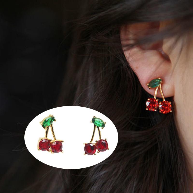 Sweet Red Zircon Cherry Leaf Stud Earrings for Women Cute Crystal Fruit Earring Fashion Daily Wear Party Jewelry Gift Aesthetic
