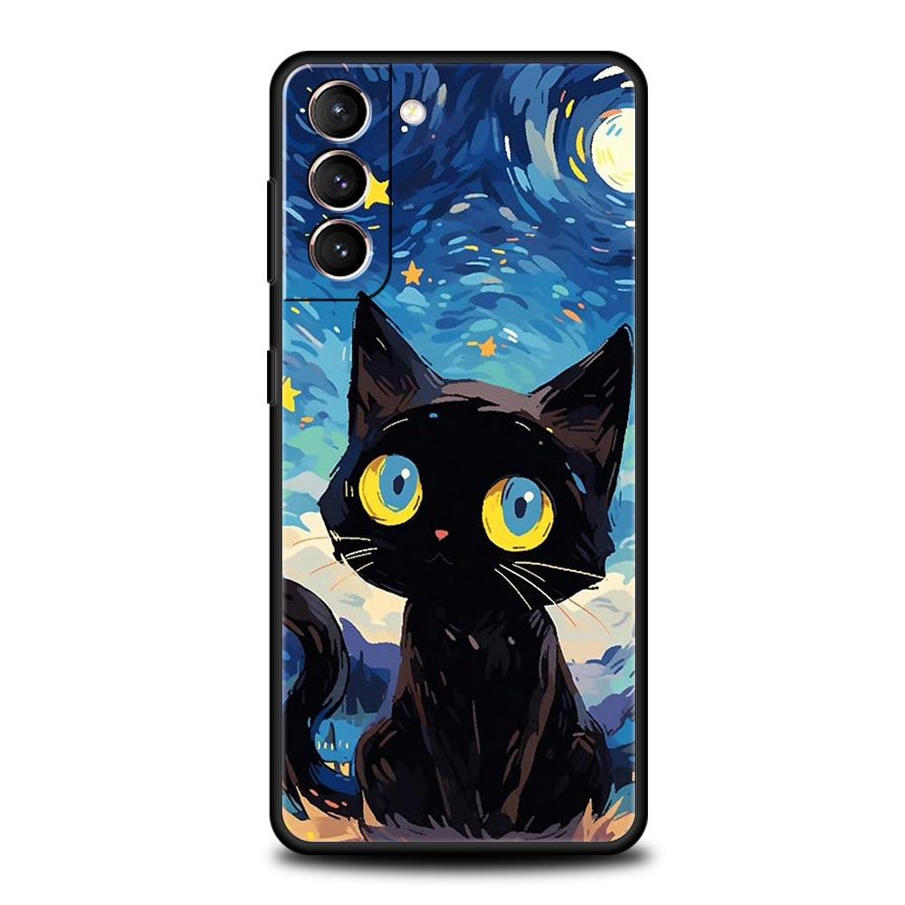 Artistic Black Cat Starry Night Phone Case For Samsung Galaxy S25 Edge S24 Plus S23 FE S22 S21 S20 Ultra 5G S10 Protect Cover