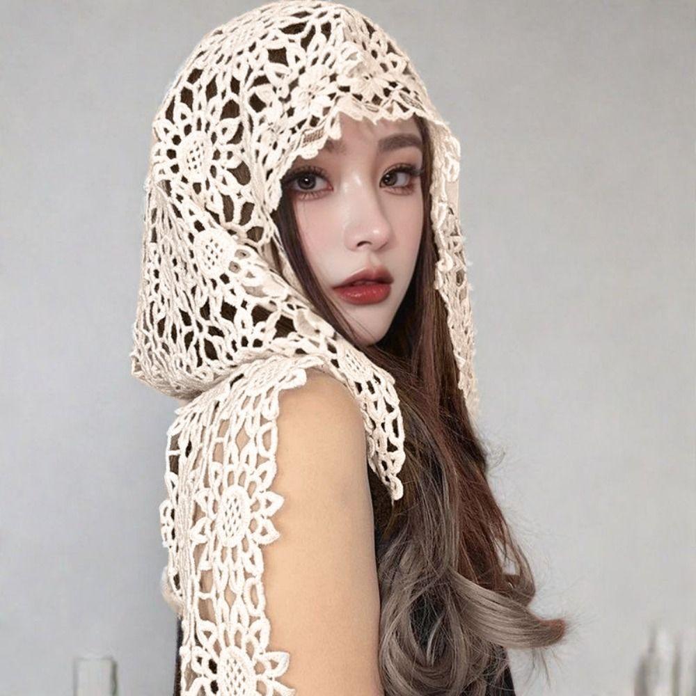 Flower Hollow Out Crochet Shawl White Hooded Scarves Simple Lace Scarf  Female
