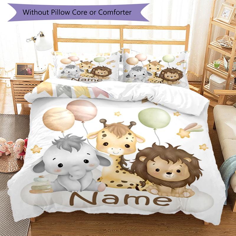 3pcs Custom Name Animals Bedding Set Duvet Cover Closure Includes 1 Duvet Cover & 2 Pillowcases, Soft and Comfortable for All Seasons.