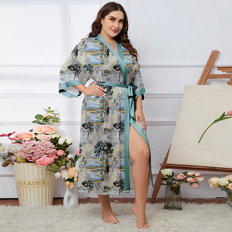 Übergröße Satin Sommer Pyjama & Bademantel Set für Damen - Leichter Luxus Eisseide