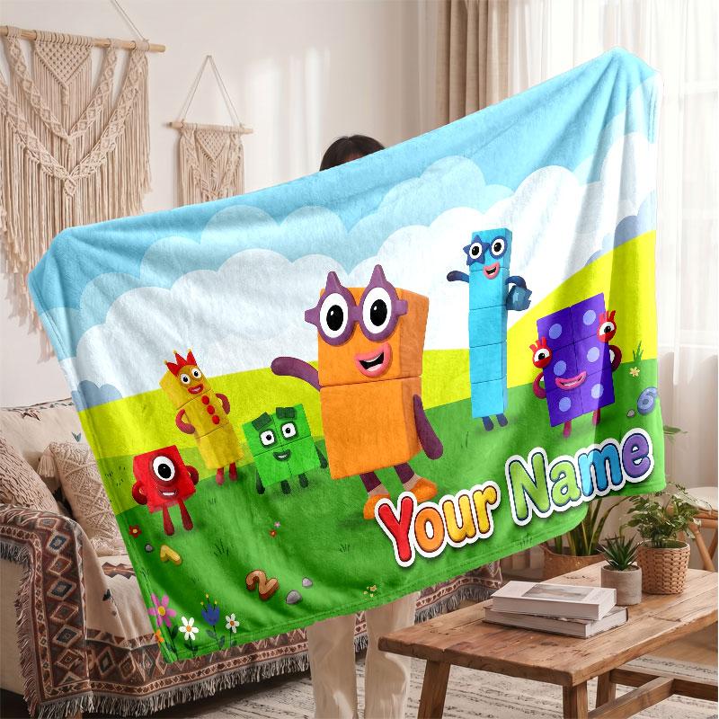 Numberblocks Personalized Flannel Blanket, Custom Printed Text Name, Warm Soft Blanket For Couch Bed