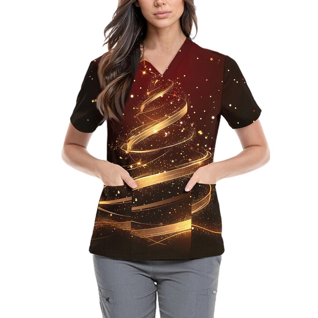 Women's Cute Bow Printed Work Clothes V-neck Double Layer Pockets Basic Short Sleeve Top Pullover