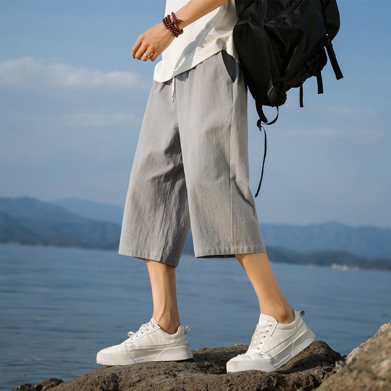 Lněné Kalhoty Letní Pánské Kraťasy Bavlna a Len Ležérní Kalhoty Čínský Styl Zkrácené Kalhoty