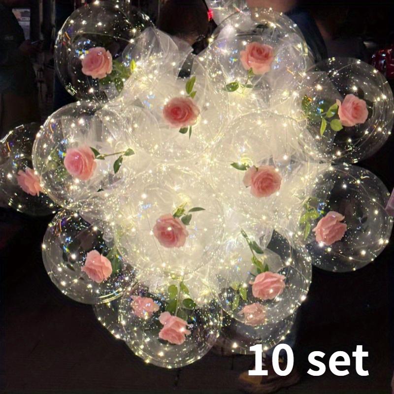 10 Sets Pink Rose Flower Glowing Bubble Balls Rose Bouquet Balloons and Sticks Suitable for Weddings Birthday Parties Prop Decor