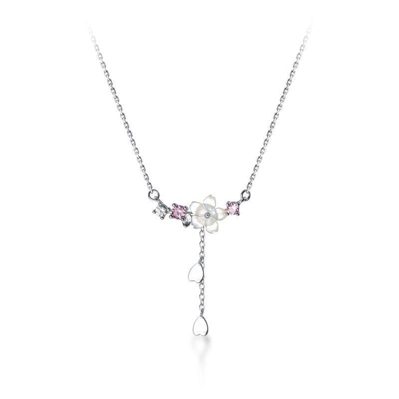 Korean Style Silver-Plated Shell Flower Necklace with Rhinestone Heart Tassel