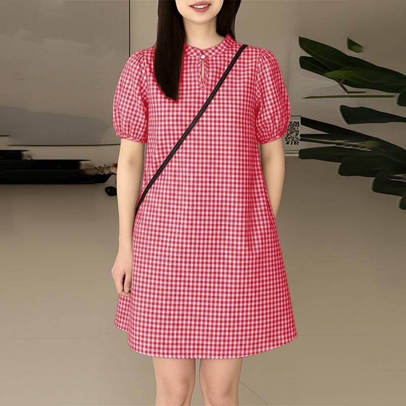 ZANZEA Women Casual Stand Collar Short Sleeve Loose Grid Print Dress