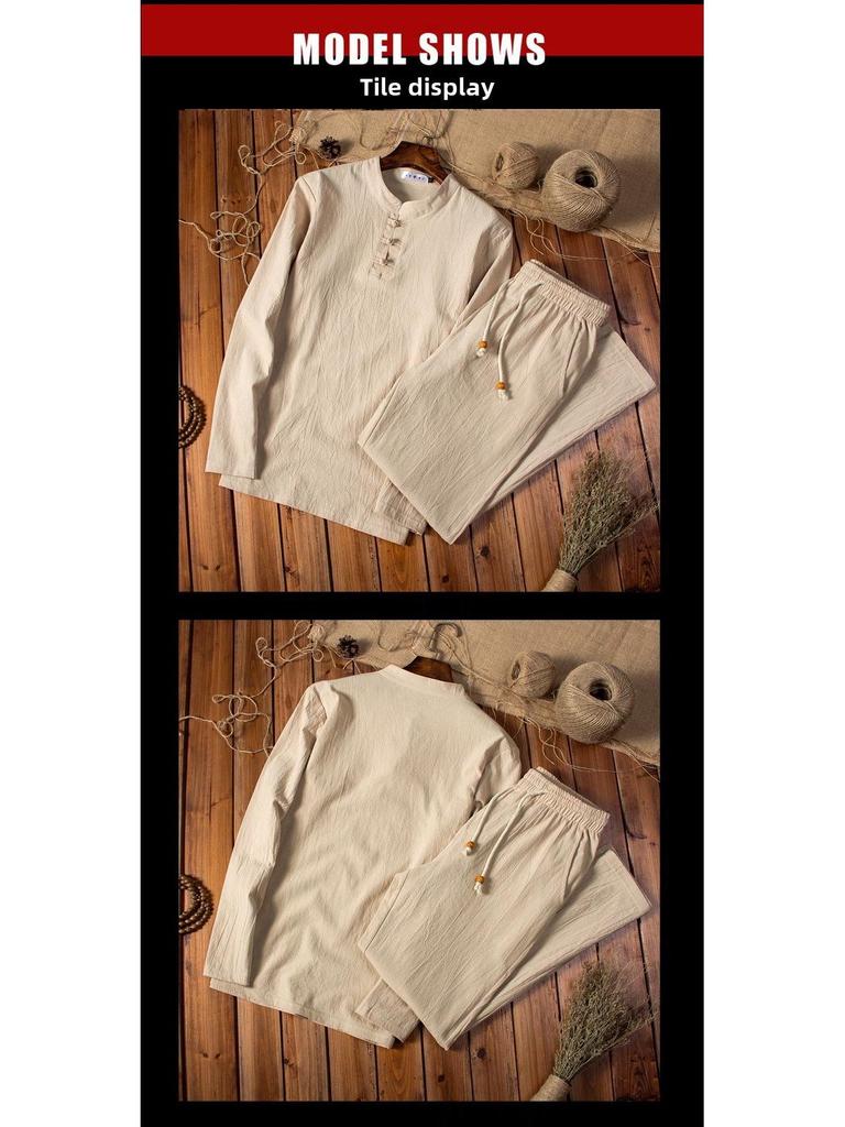 Men's Solid Color Cotton & Linen Two-Piece Suit - Long-Sleeve Top & Trousers, Loose Fashion Fit in Large Sizes for Spring & Autumn
