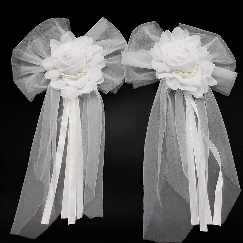 1Pair White High-quality Silk Ribbon Romantic Pearl Bud Party Decor Supplies Wedding Car Decoration Lace Flowers Chair Bow Tie