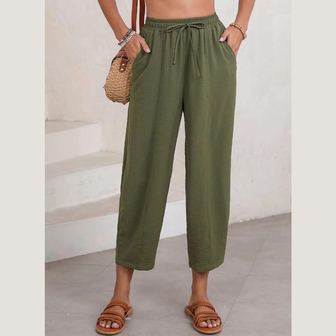 

Women s Summer High-waisted Harem Pants Loose Vacation Casual Drawstring Pocket Nine-point Pants XS зелений