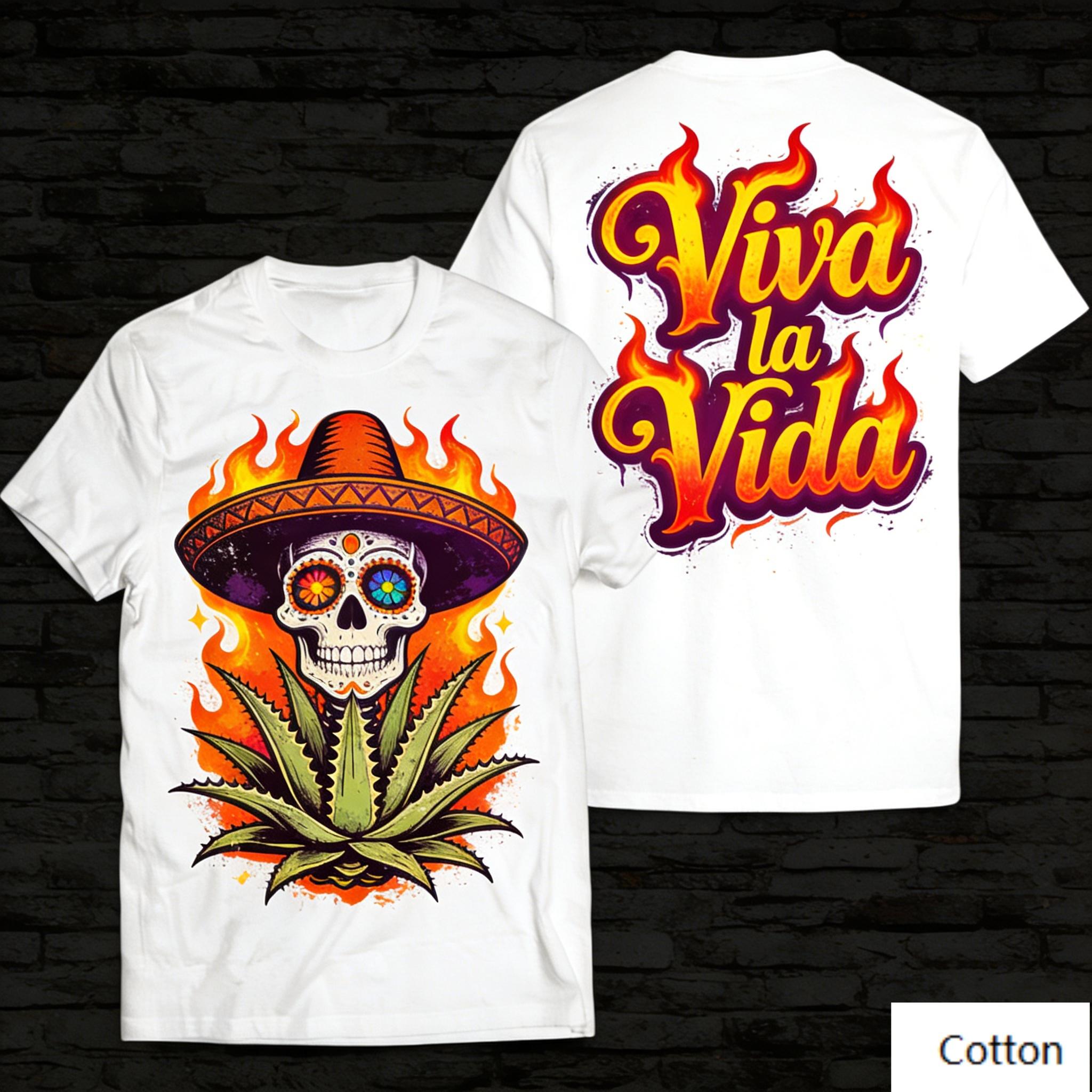 

Day of The Dead Sugar Skull Agave Plant Graphic TShirt Fiery Viva La Vida Lettering Print Pure Cotton Tee Mexican Folk M