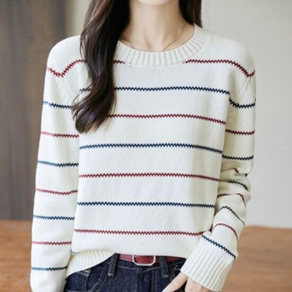 Navava Nk3593 Striped Line Point Round Neck Long Sleeve Knit Top