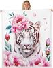 Witte tijger pioenroos bloemen deken dierenkunst zachte plaid knusse huisdecoratie roze bloemen wilde kat print slaapkamer wanddecoratie