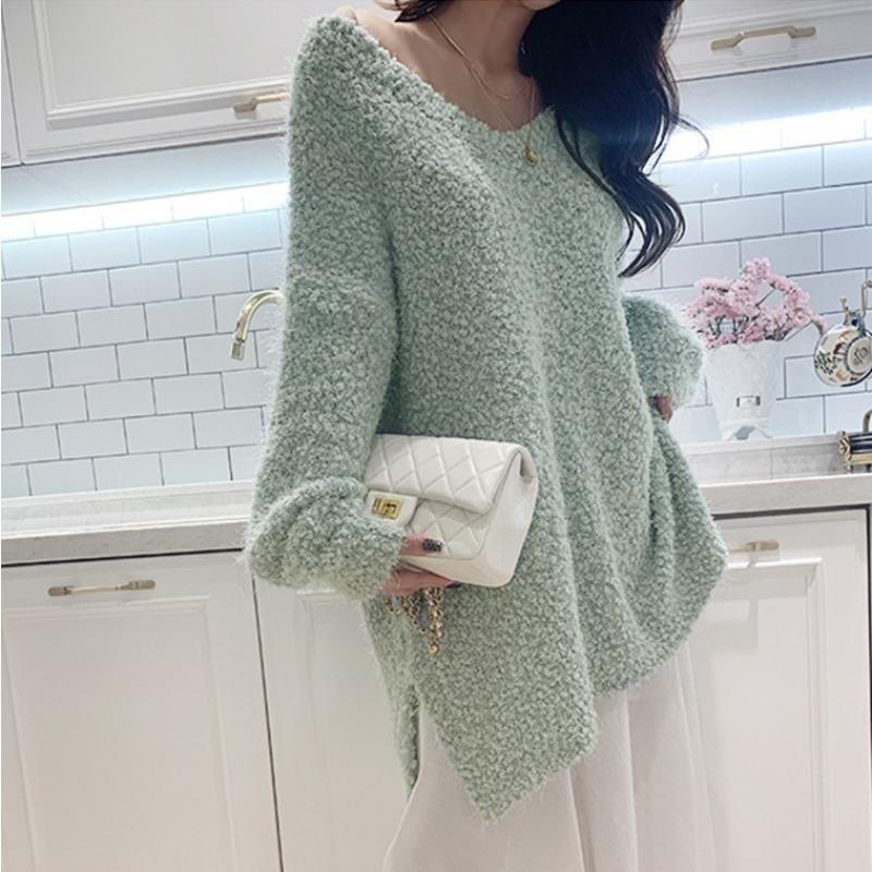 Loose V-neck Solid Color Casual Sweater for Women  Autumn and Winter New Women's Top