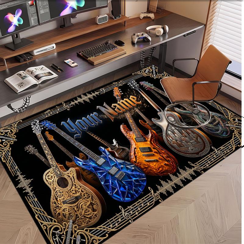 Music Guitar Theme Soft Crystal Velvet Rug Custom Name & Text Print Non Slip Floor Rug for Bedroom Living Room