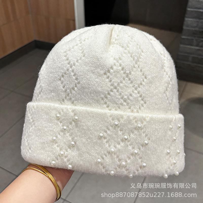 Autumn and Winter New Versatile Warm Wool Hat Men's and Women's Outdoor Pearl Knitted Ear Protection Face Small Pullover Hat Cold Hat