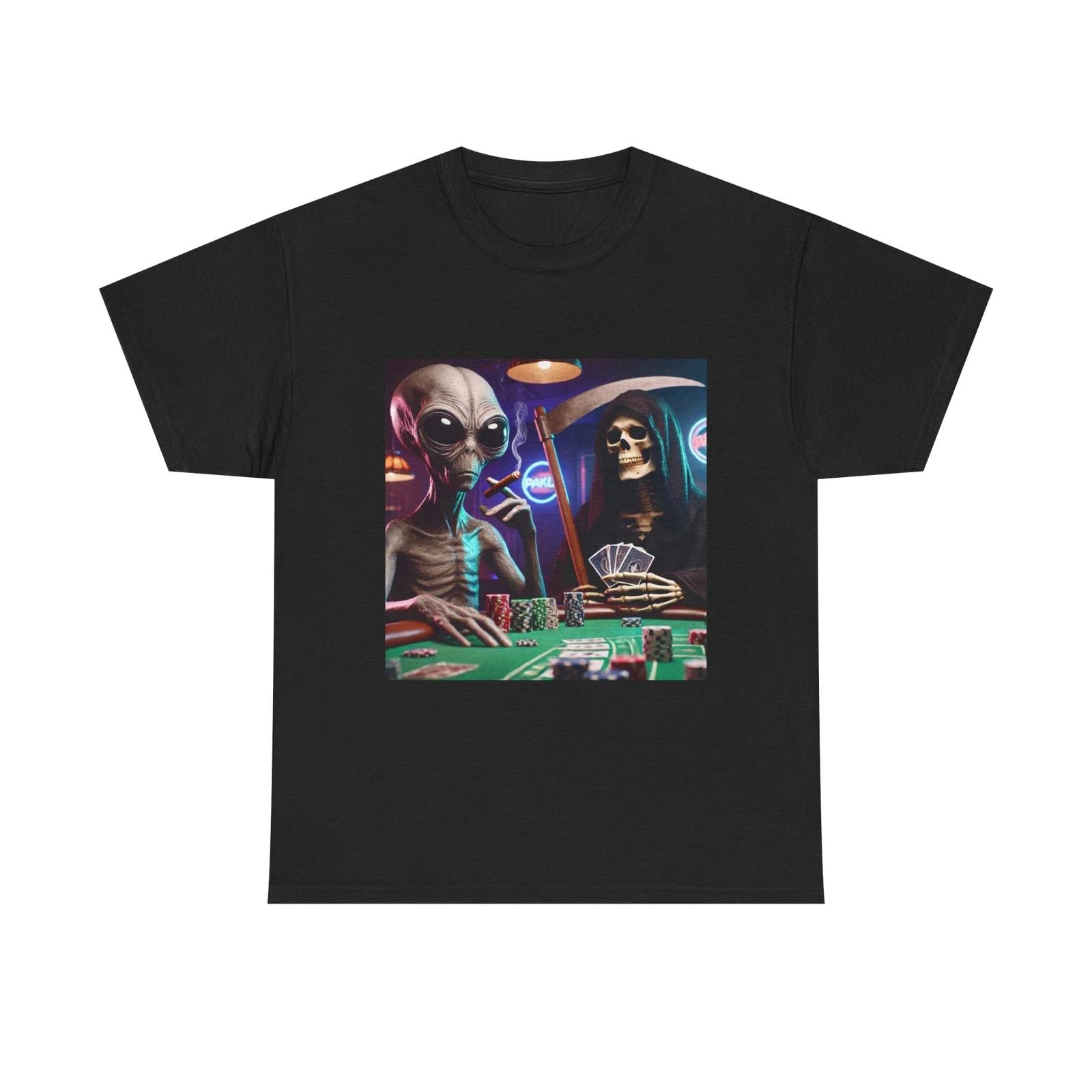 The Grim Reaper and an Alien Play Cards T-Shirt Funny Halloween Tee Dark Humor 2XL