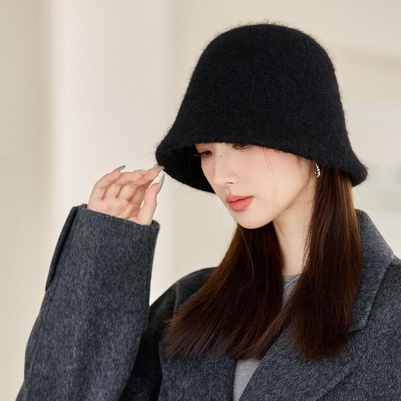 Autumn and Winter Hat Women's Solid Color Knitted Wool Hat Fleece Warm Bucket Hat Bucket Hat