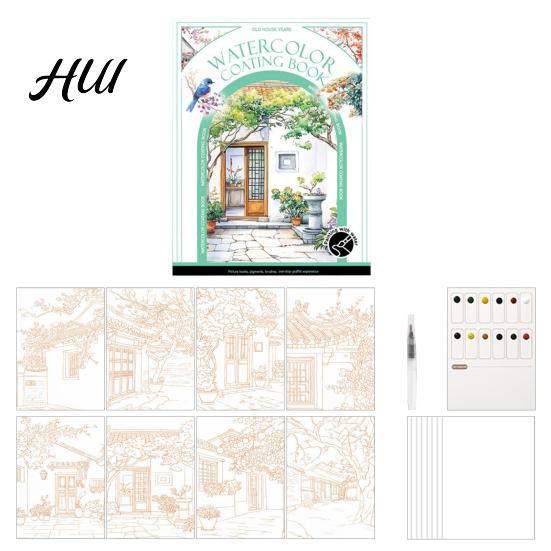 Travel Watercolor Painting Kit Portable Gouache Book Tri-Fold Design Pad Set with Art Creation 12 Color Grids Ergonomic Brush Stress Relief All-in-one