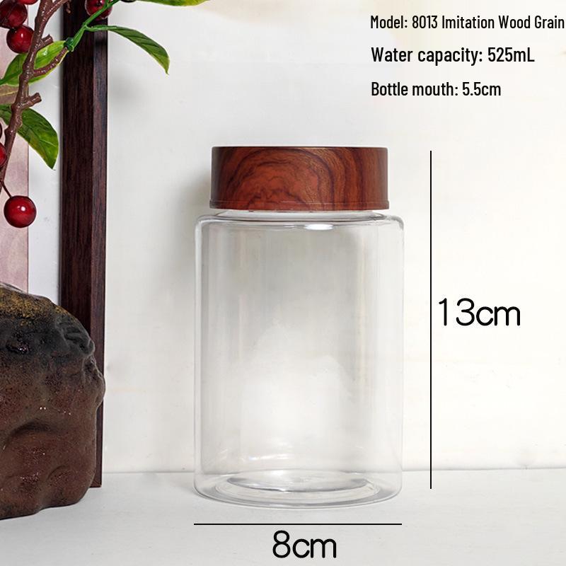 PET Plastic Storage Jar with Imitation Wood Grain Lid, High Transparency, Food Grade for Medicine, Herbs, Tea, Flowers, Grains, and Nuts.