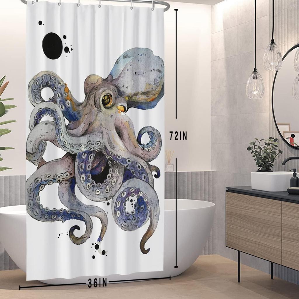 Colorful Octopus Shower Curtain Ink Painting Japanese Kanagawa Kraken Black Dots Design for Bathroom Decor Fabric Polyester