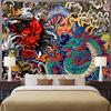 Japanese Dragon Tapestry Oni Mask Wall Hanging Aesthetic Anime Tapestry Art for Men Bedroom Living Room Flannel Fabric