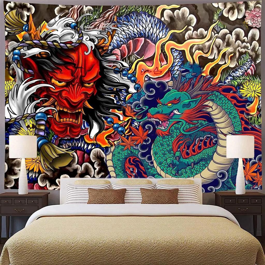 Japanese Dragon Tapestry Oni Mask Wall Hanging Aesthetic Anime Tapestry Art for Men Bedroom Living Room Flannel Fabric