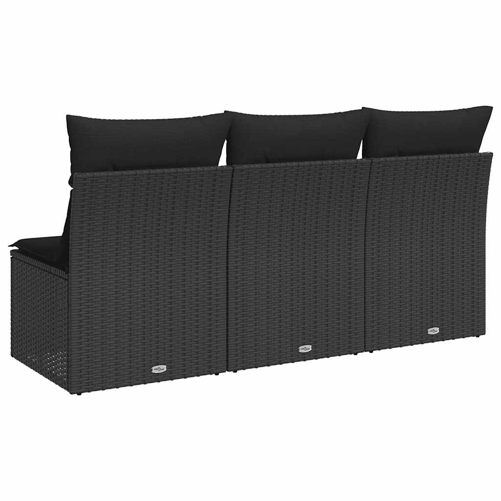 Garden Sofa with Cushions 3 Seater Black Poly Rattan