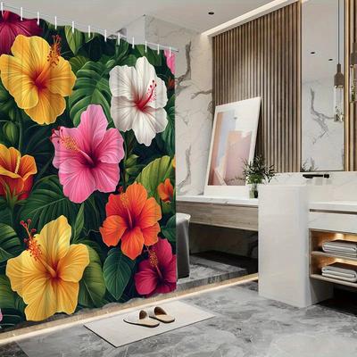1pc Tropical Hibiscus Shower Curtain - Lush Green Leaves & Colorful Flowers, Polyester, 70.8x70.8", 12 Hooks, Easy Care
