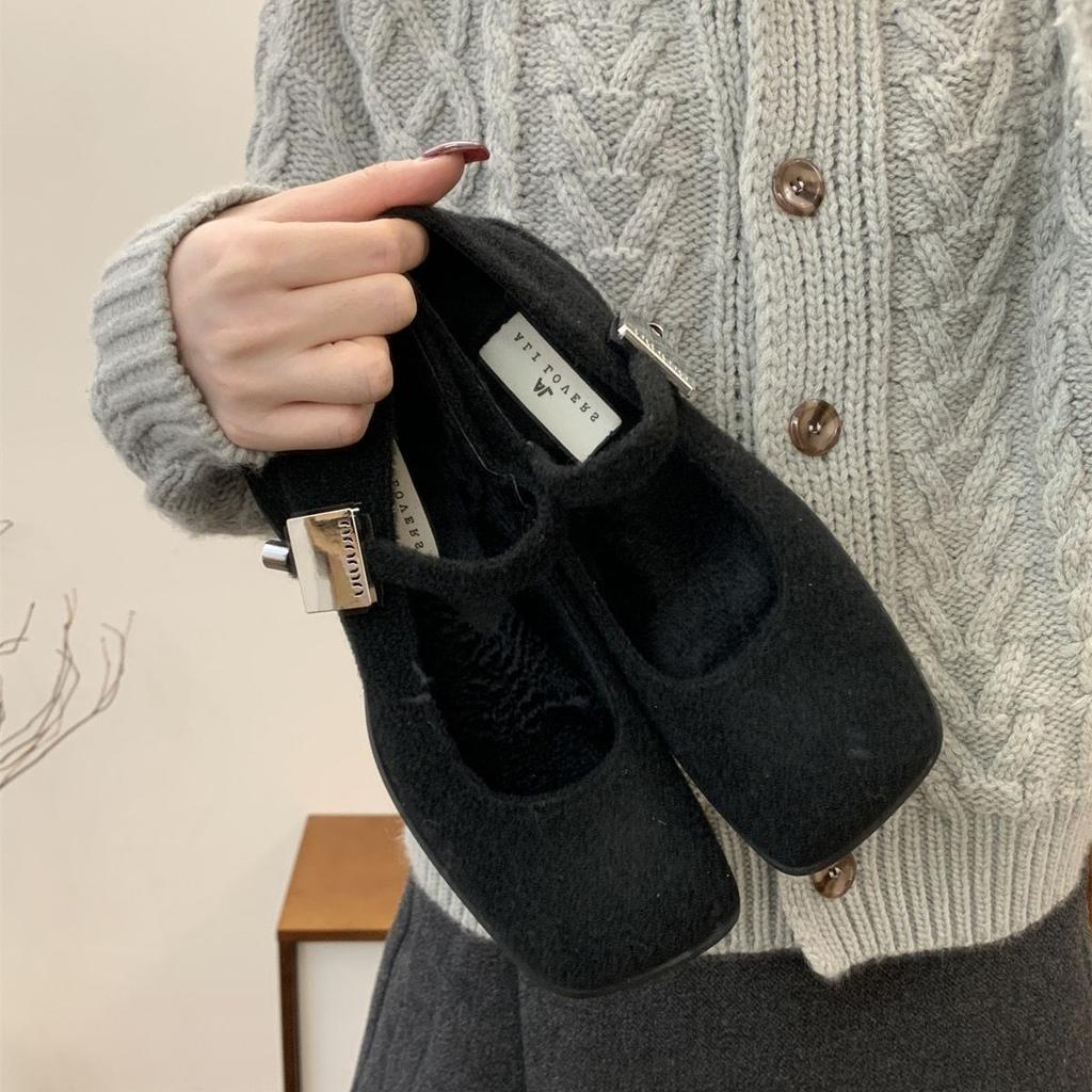 2025 Frühling und Sommer neue Retro Wollstoff Französisch dicker Absatz Einzelne Schuhe Damen Ein-Wort-Schnalle Mary Jane Flachmaul Quadratkopfschuhe