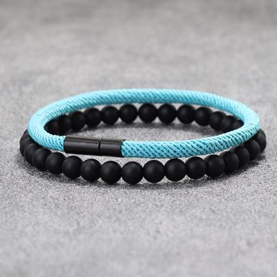 Pulsera de Cuerda para Hombre Conjunto de Pulseras de Doble Capa Piedra de Ónice de 6 mm Cierre Magnético Cuerda Milanesa Joyería de Latón para Exteriores Regalo para Él