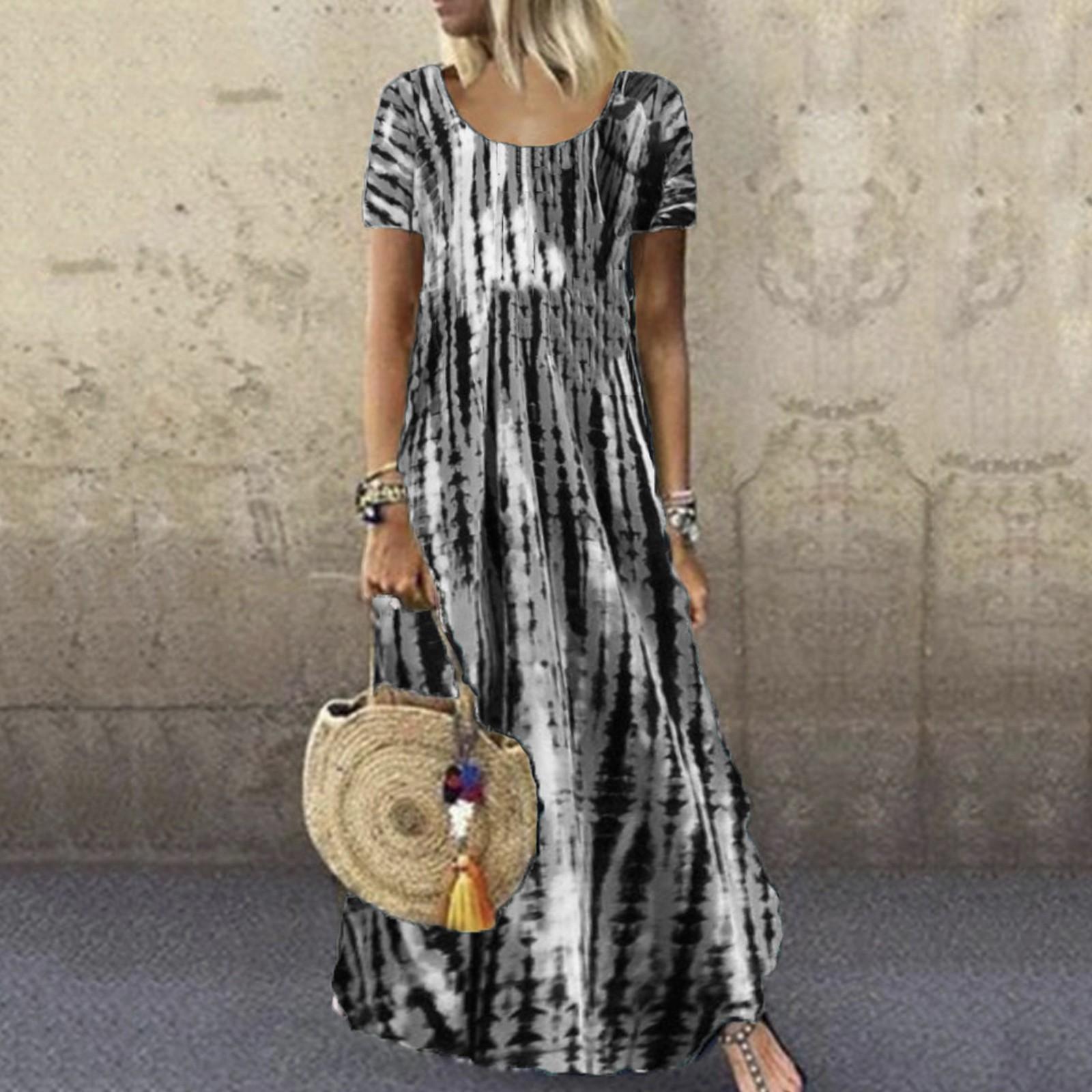 Women s Casual Loose Round Neck Short Sleeve Tie- Printed Long Hem Dress S