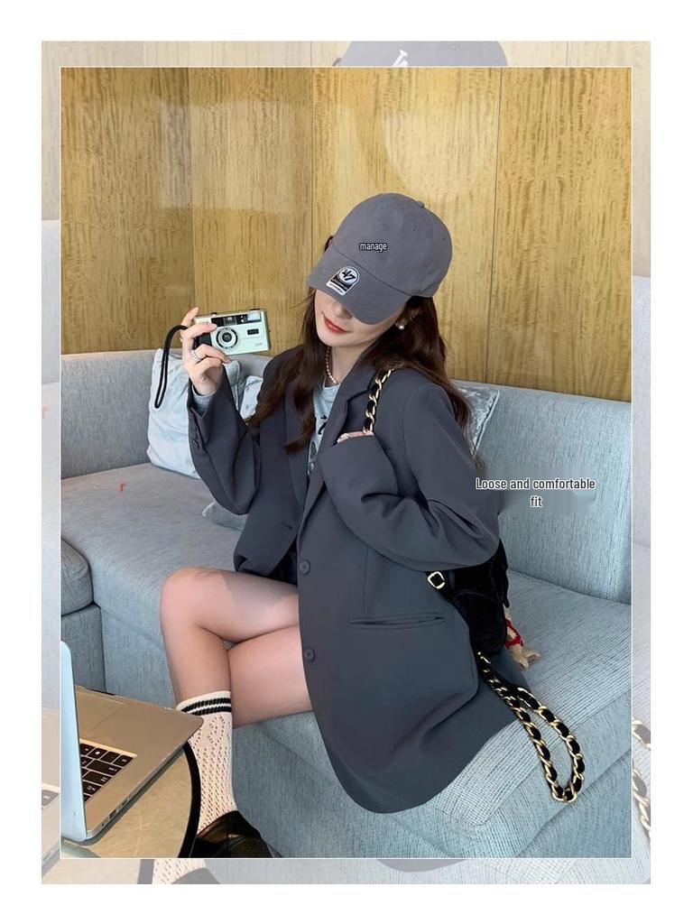 Women's Gray Petite Korean-Style Suit Jacket - Spring/Autumn 2025 Casual High-End Design
