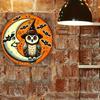 Moon Owl Halloween Metal Wall Art Round Sign Witch Gothic Decor Indoor Outdoor