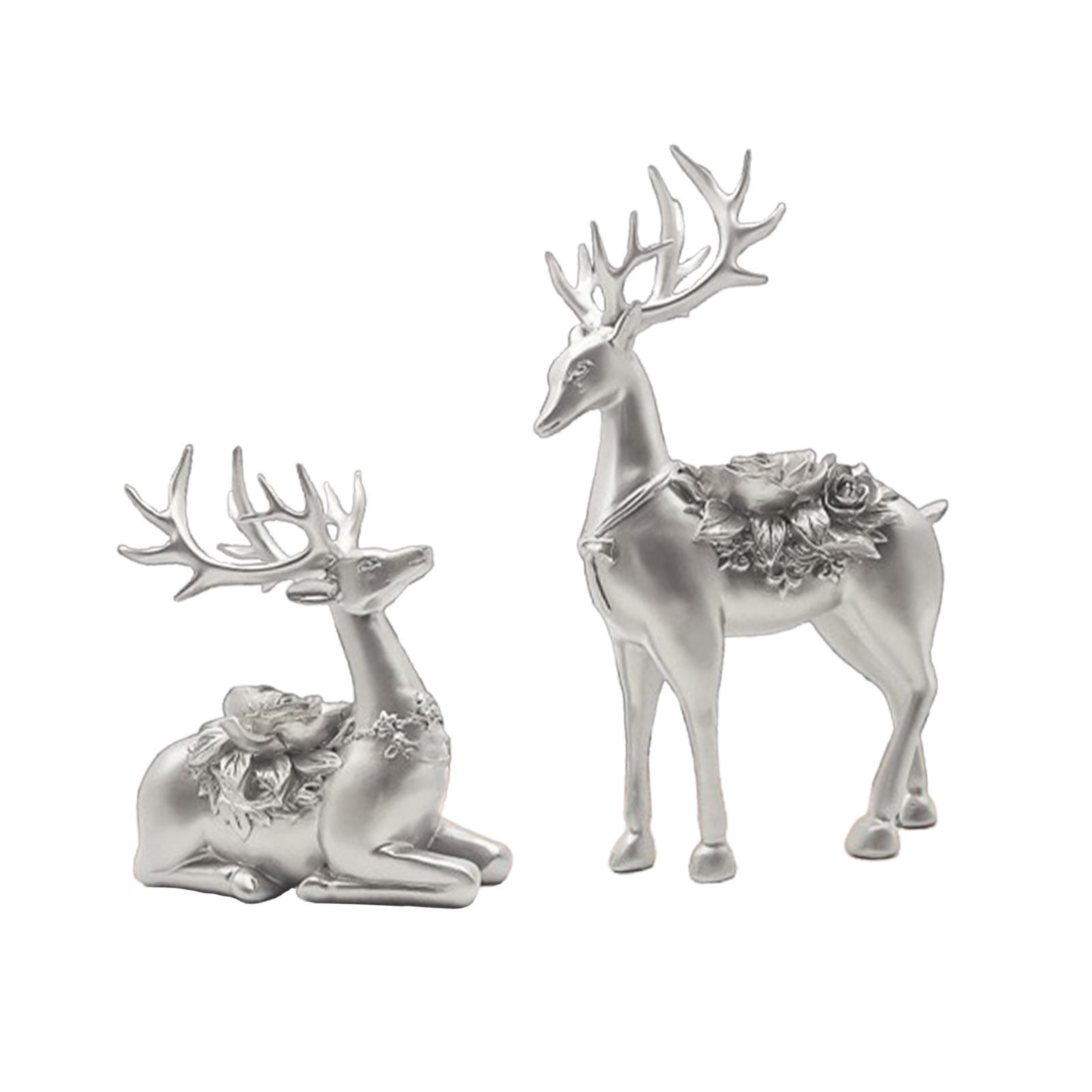 

2Pcs Deer Statues Resin Animal Sculptures for Living Room Fireplace Entrance срібний