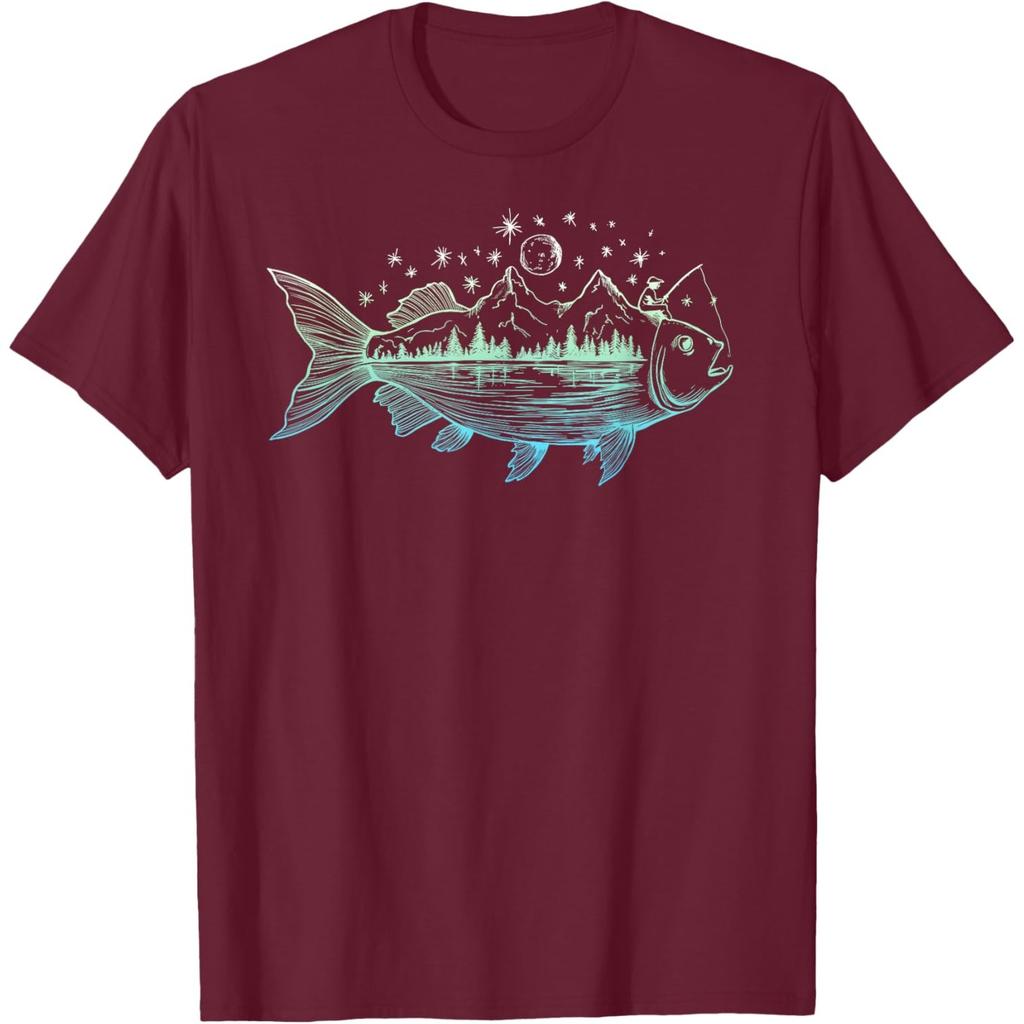 Cool Fish Shaped from Mountains Nature Scene Fishing TShirt