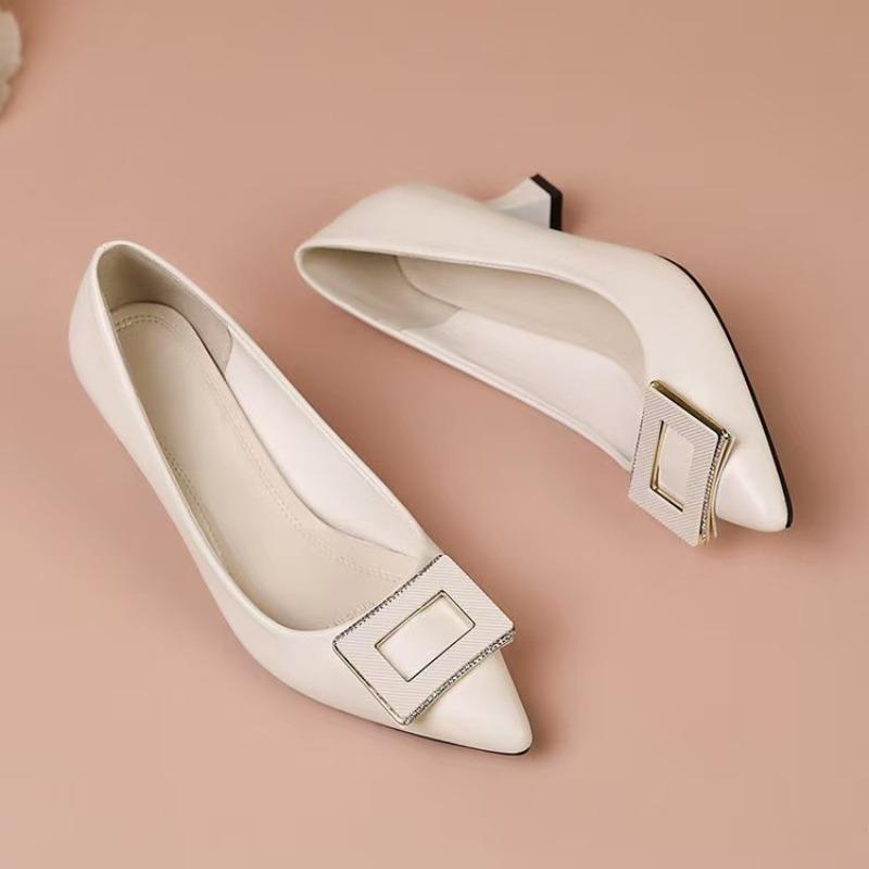Summer new thick heel women's shoes versatile black pointed comfortable soft leather professional single shoes women's high heel Doudou shoes