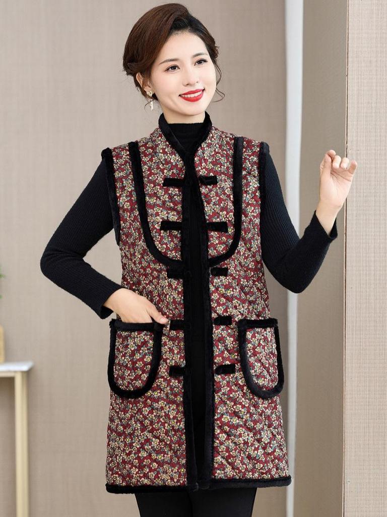 Ethnic-Style Autumn/Winter Velvet Mid-Length Tang Suit Vest for Middle-Aged and Elderly Women