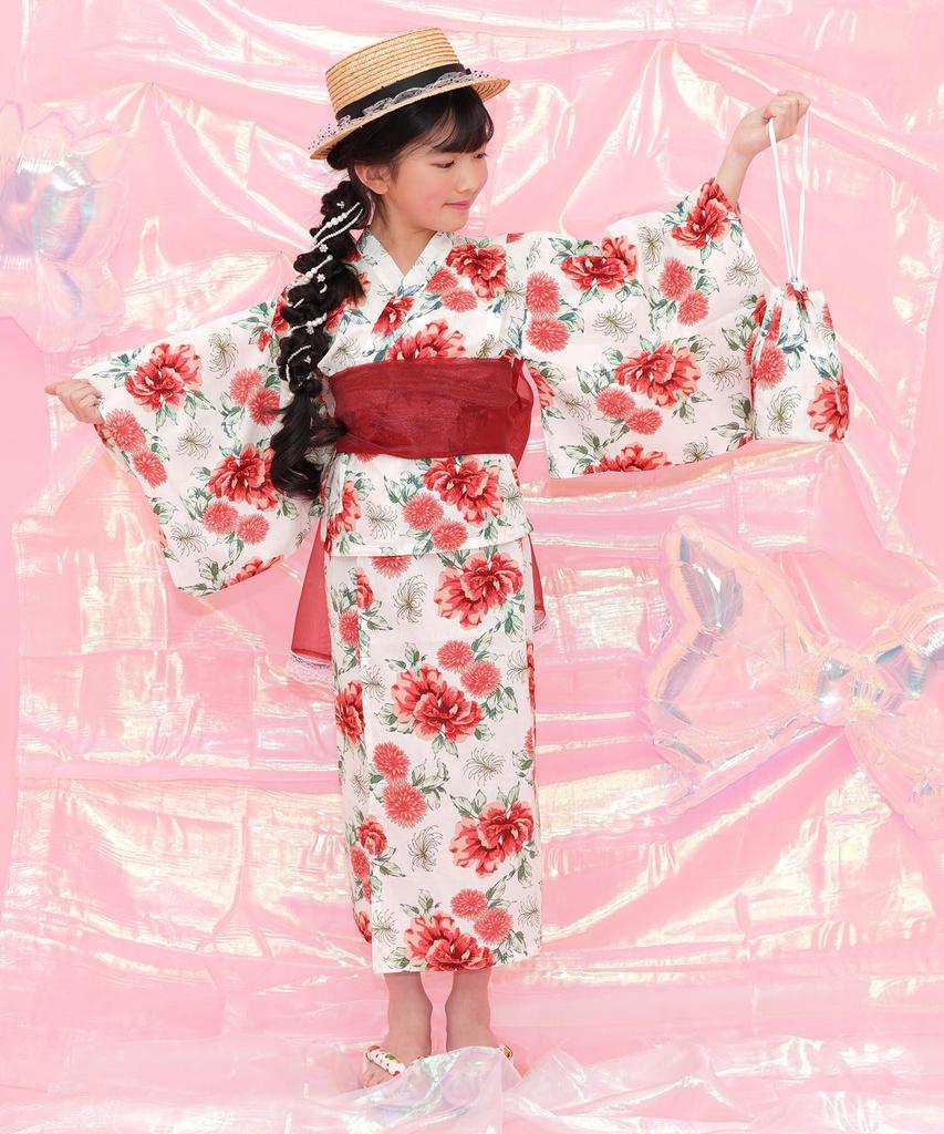 Bee Yukata Set for Easy To Perfect for Festivals and White with Modern Peony Design 3-Piece Girls, Summer, Wear, Two-Way Design, Fireworks, 130cm,
