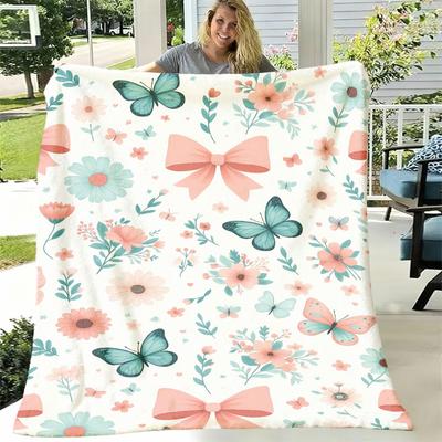 Soft Floral And Butterfly Pattern Flannel Blanket Tear-Resistant, Vibrant Pink, Blue, Green And Brown Design Perfect for Sleeping, Camping, Travel Ide