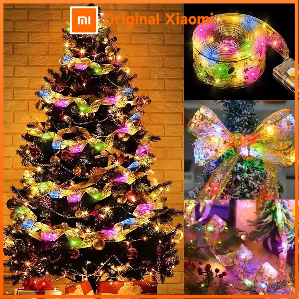 Xiaomi 1-10M Christmas Ribbon Fairy Light Decoration For Home 2025 DIY Bows String Light Tree Ornaments Xmas Decor New Year 2026