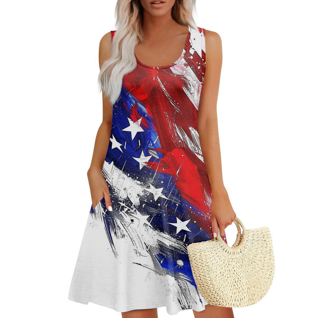 Women's Summer Casual Square Neck Independence Day Printed Dress Sleeveless Dress With Pockets