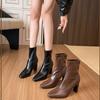Small Brown High-heeled Short Boots Women's Autumn and Winter Boots 2025 New French Small Ankle Boots Square Head Thick Heel Thin Boots