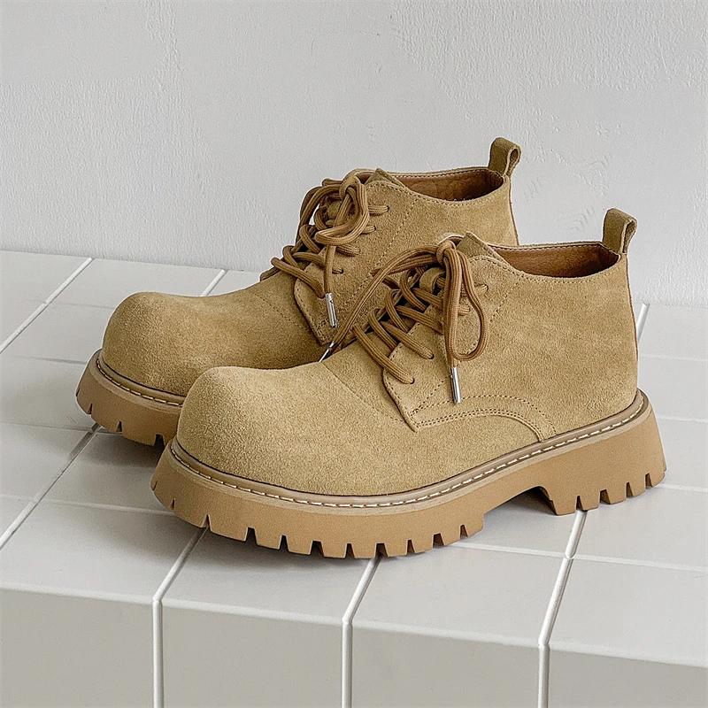 Big Round Toe Men's Casual Shoes High Quality Brown Nubuck leather Thick Bottom Fashion Show Men Leather Shoes 44 45 46