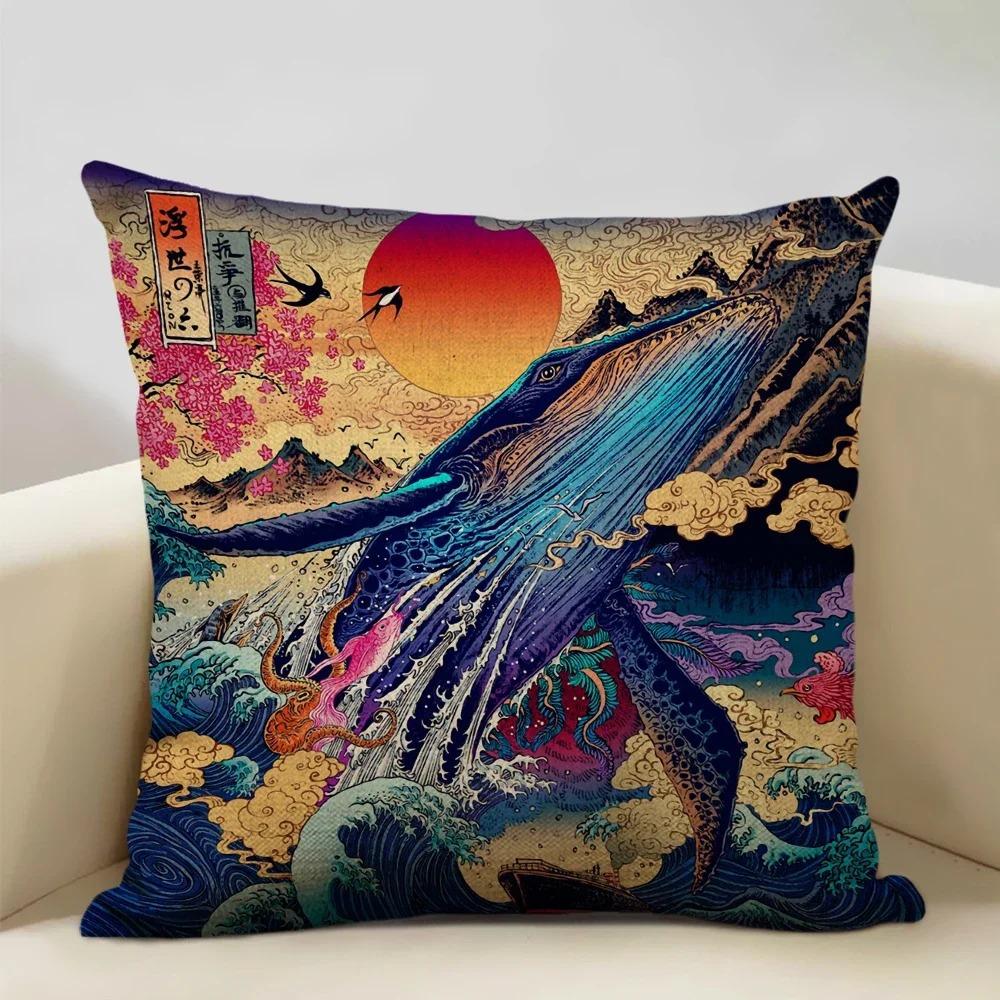 Home Decor Japanese Scenes: Cherry Blossoms & Mt. Fuji Pattern Cushion Cover Suitable for Sofa Bedroom Car Pillow Cover