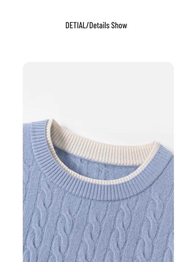 Autumn & Winter Solid Color Round Neck Cable Knit Lazy Style Sweater
