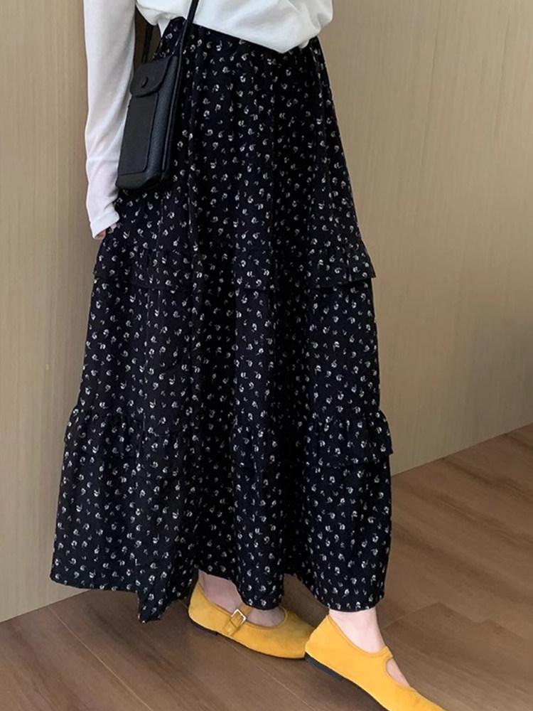 Black Floral A-line Umbrella Skirt - Plus Size, Slimming, Spring/Summer Women s Half Skirt XL
