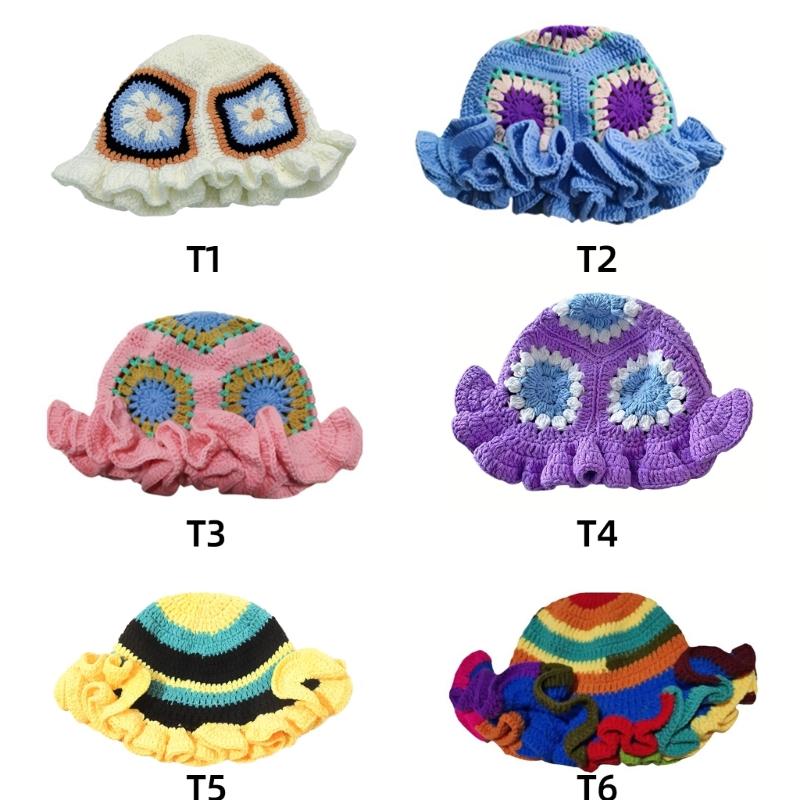Hand Crochet Bucket Hat with Ruffled Edge Warm Fisherman Hat Ethnic Flower Hat Headwear for Women Winter Elegances