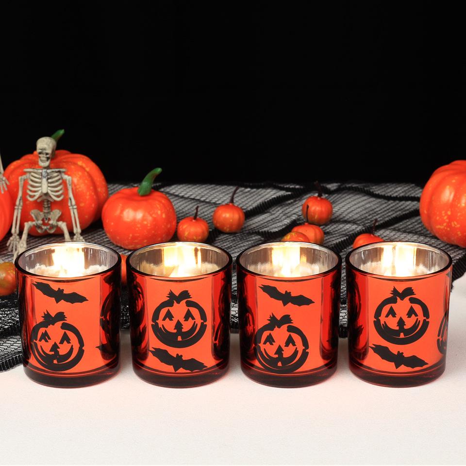 Halloween Pumpkin Bat Glass Candle Holder - 2006 Aromatherapy Ornament